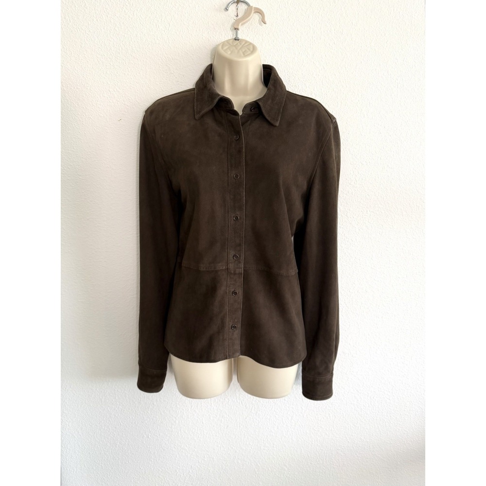 Faconnable Goatskin Leather Suede Jacket Womens L Button Down Vintage Brown